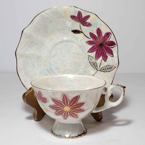 Nasco Teacup and Saucer Pink Flowers Opalescent Vintage - Picture 4 of 10